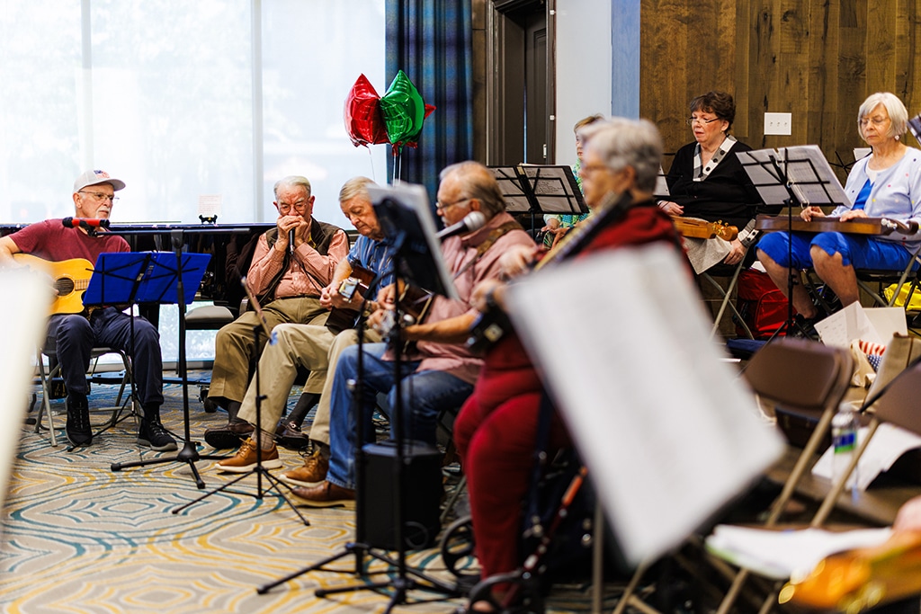 elderly playing instruments together